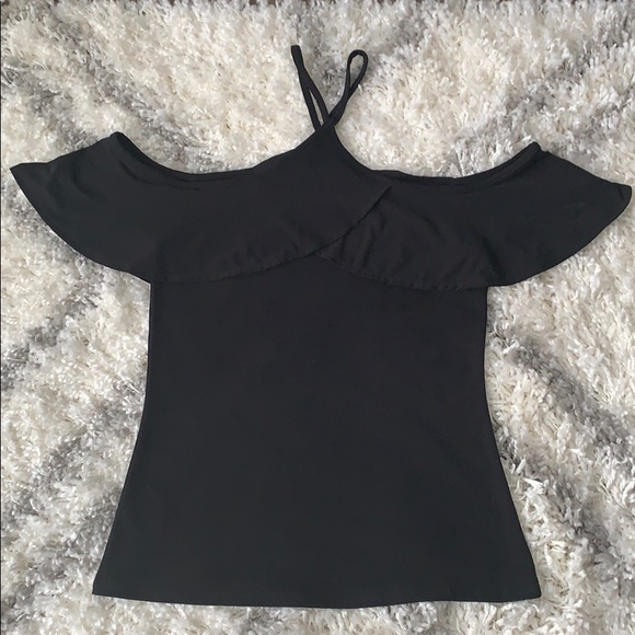 Black Cold Shoulder Halter Ruffle Tee - Picture 5 of 6